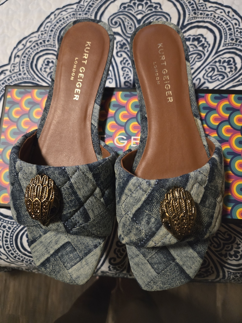 Kurt Geiger Quilted Denim Slide Mules with Gold Emblem - Picture 1 of 2